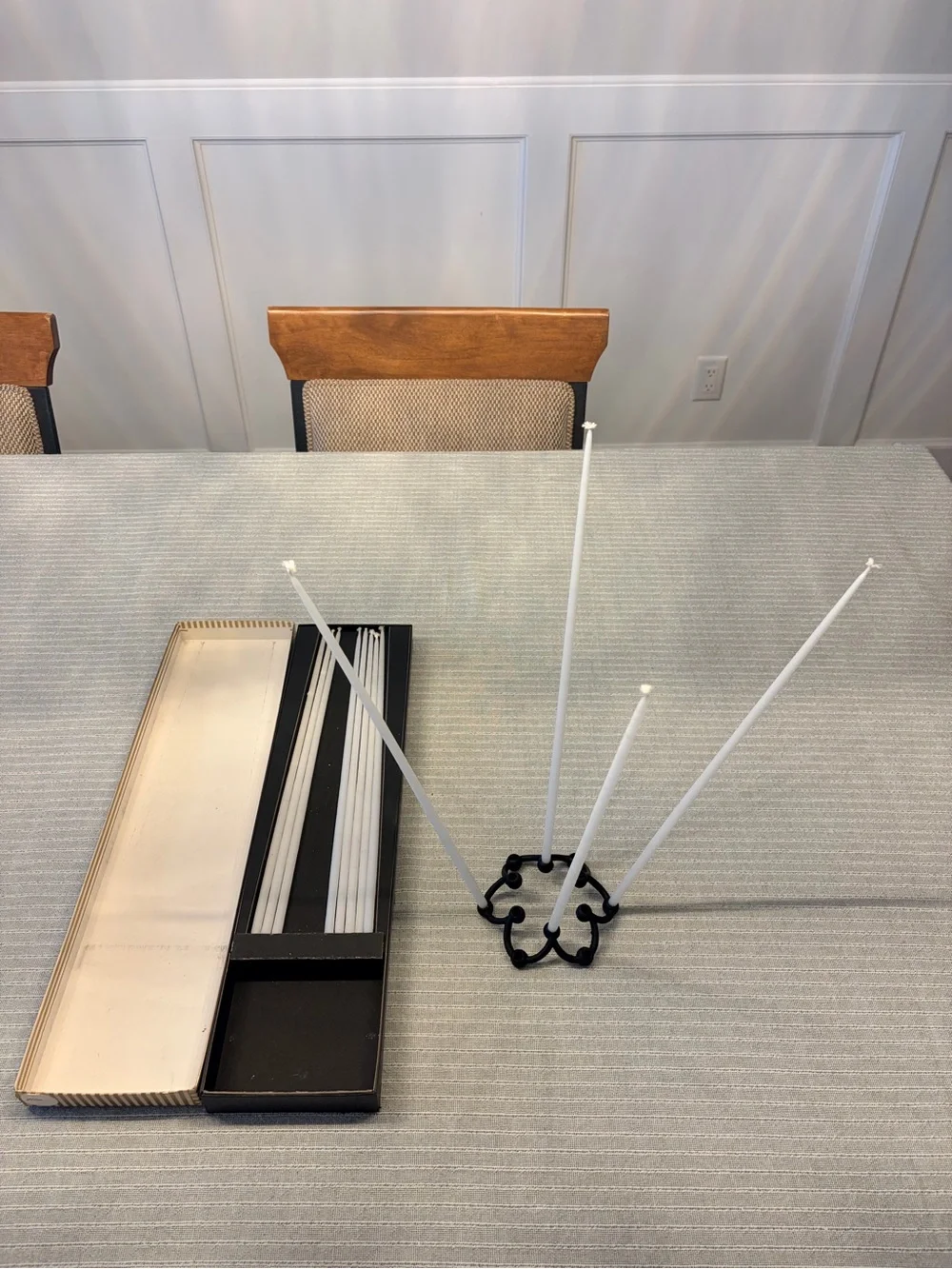 Vintage Dansk White Taper Candles with Black Beaded Metal Holder